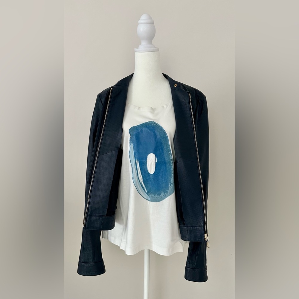 Cropped, indigo blue, perforated leather jacket - Picture 5 of 16